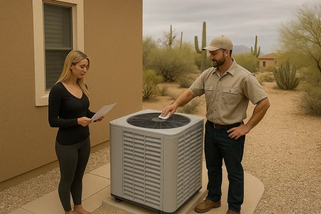 homeowner and technician installing new heat pump outdoor unit in fall