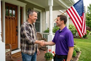 Homeowner and an HVAC technician, shaking hands on the front steps.