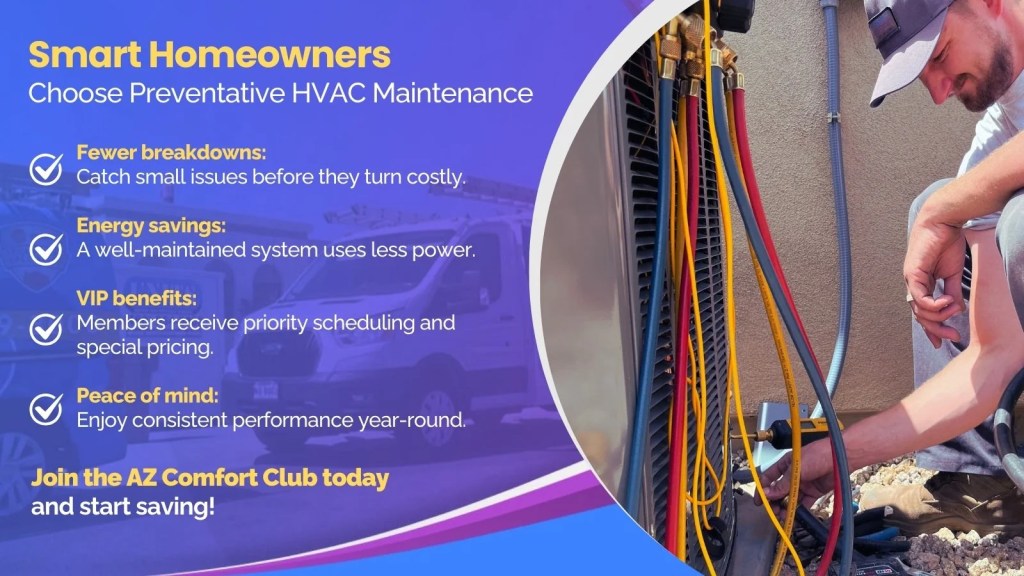 This is an image of an HVAC technician working on an AC unit the headline read, smart homeowners choose preventative HVAC maintenance