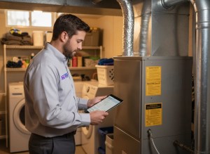 HVAC technician performing a December heating tune-up with holiday decorations nearby.