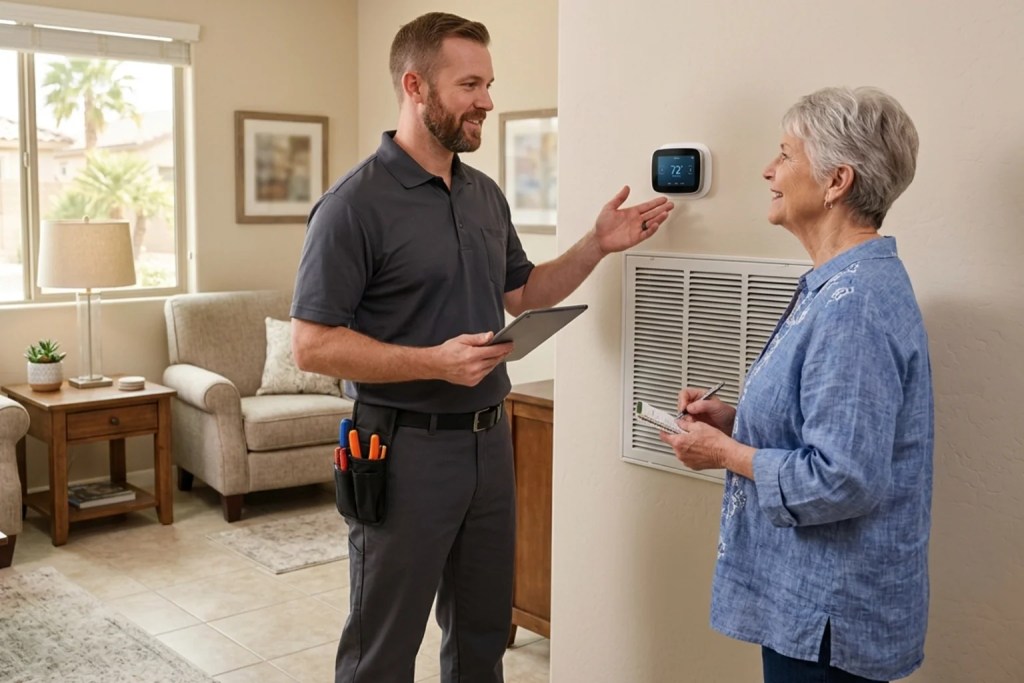 Retirement-community homeowner discussing HVAC comfort and air quality