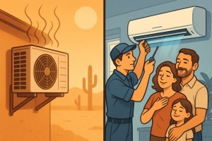 HVAC technician providing emergency AC repair for a happy family in a hot desert climate.