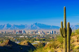 Cactus in desert foreground overlooking Phoenix skyline with mountains, ideal for air conditioning installation context
