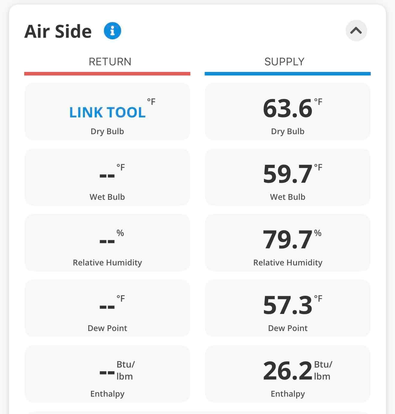 App screen shows supply air measurements: 63.6°F dry bulb, 59.7°F wet bulb, 79.7% relative humidity, and 57.3°F dew point.