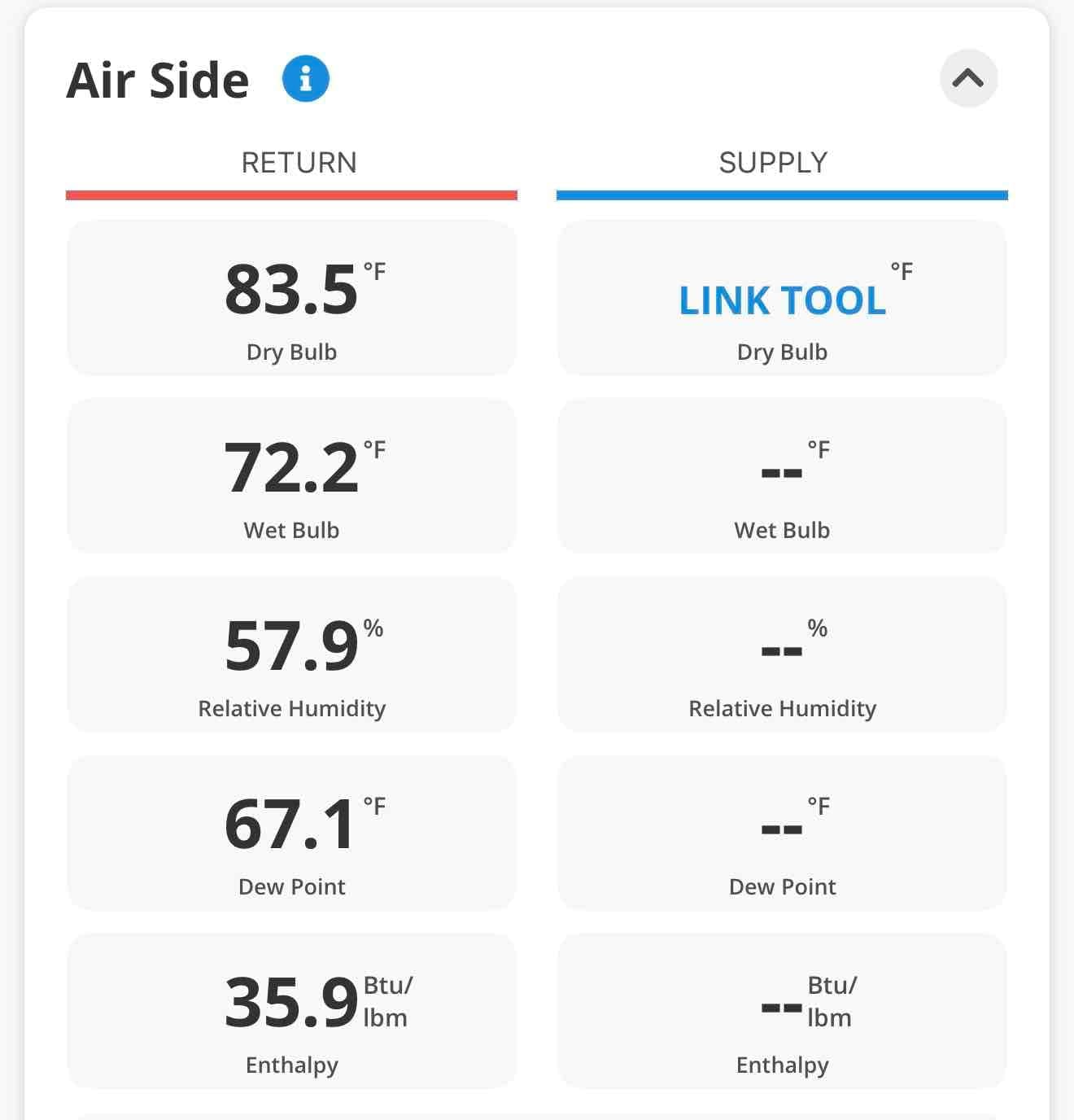 Diagnostic app screen shows return air readings including 83.5°F dry bulb, 72.2°F wet bulb, 57.9% relative humidity, and 67.1°F dew point.