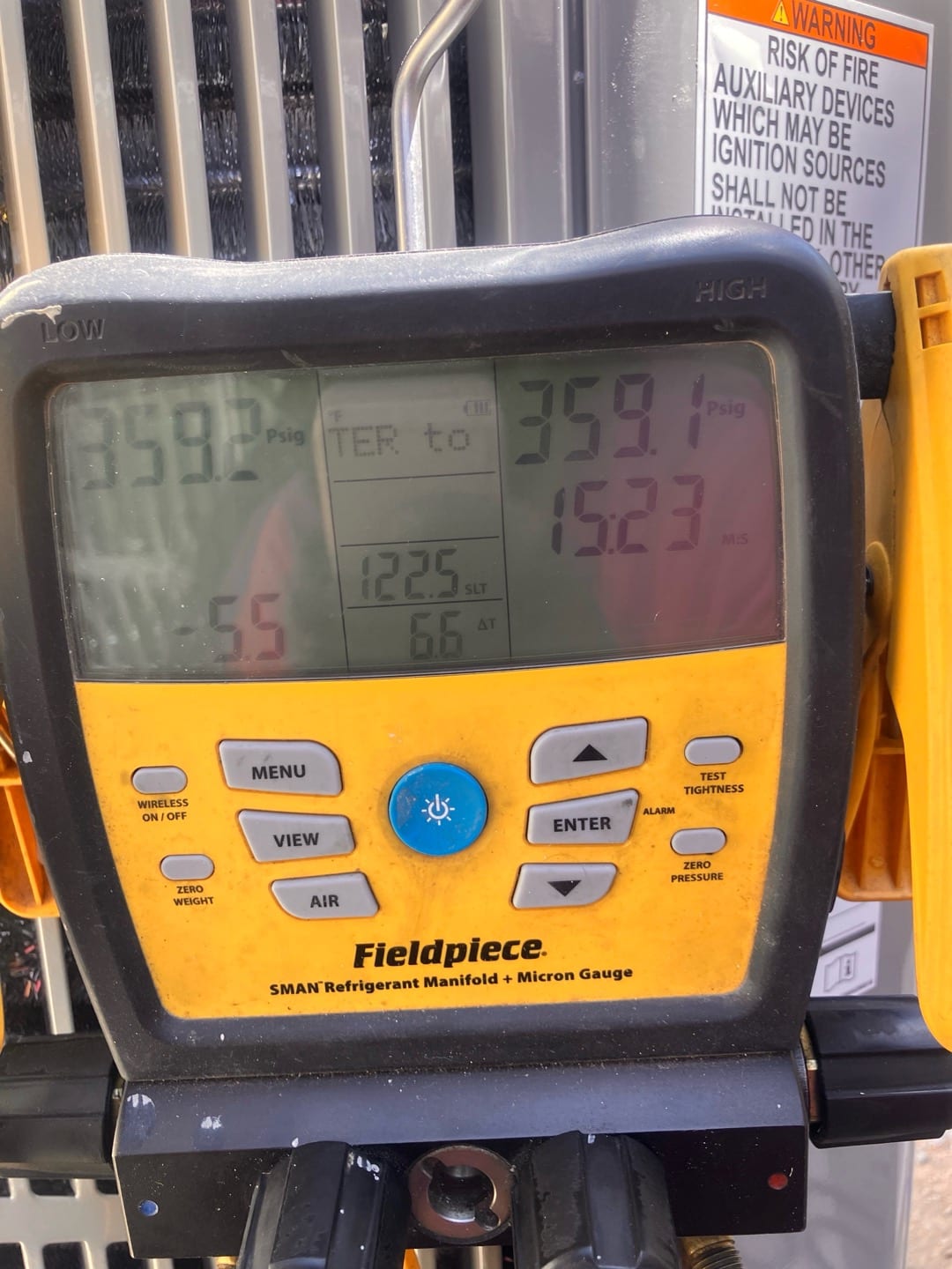 Digital manifold shows equal pressures around 359 PSI on both sides, documenting the nitrogen pressure test of the new system.
