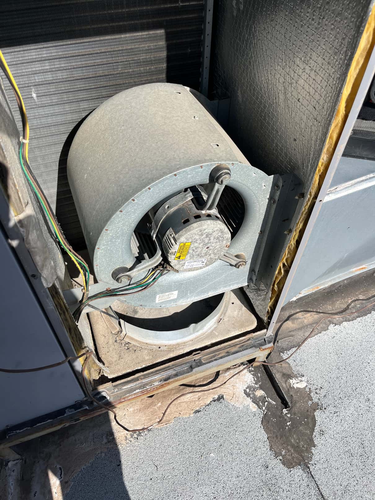 ECM blower motor installed in the air handler with blower wheel housing exposed, showing wiring and mounting hardware inside the cabinet.