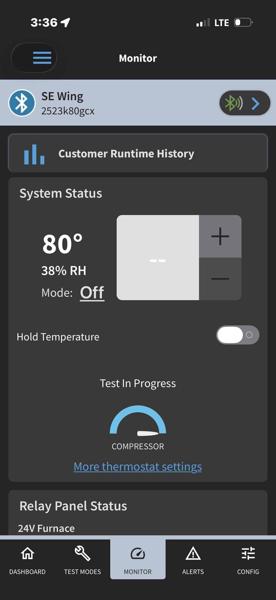 Mobile app monitor screen shows system status at 80 degrees and 38% relative humidity with mode off during testing.