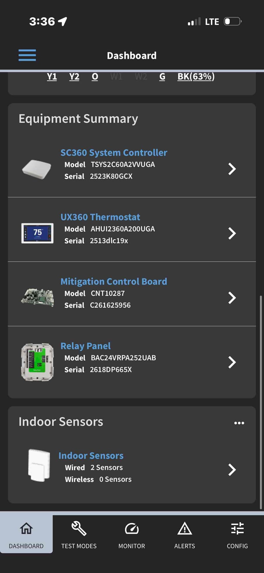 Smart control app dashboard displaying connected HVAC components and two wired indoor sensors after system setup.