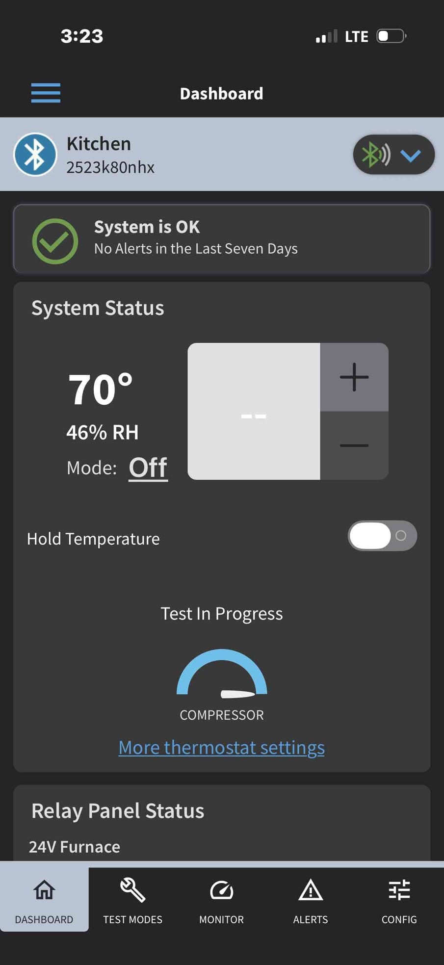Thermostat app dashboard shows indoor temperature 70°F with 46% RH and system mode off during commissioning.