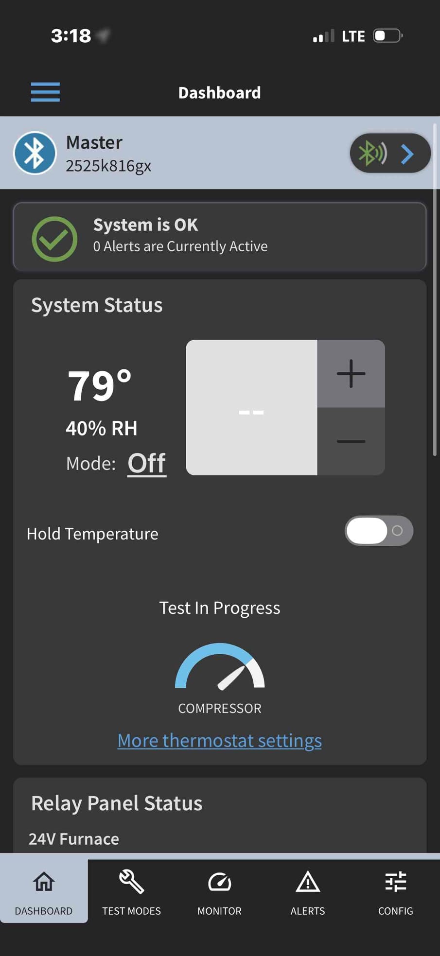 Thermostat control app dashboard shows indoor temperature at 79 degrees with 40% relative humidity and system mode off.
