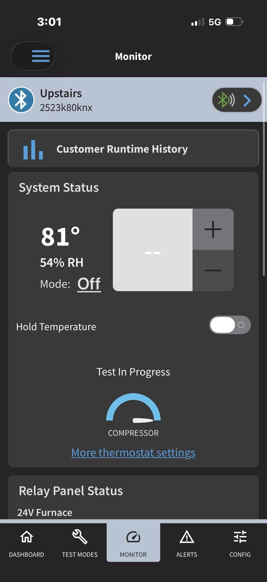 Thermostat monitoring screen shows indoor temperature at 81 degrees with 54% relative humidity and compressor test in progress.