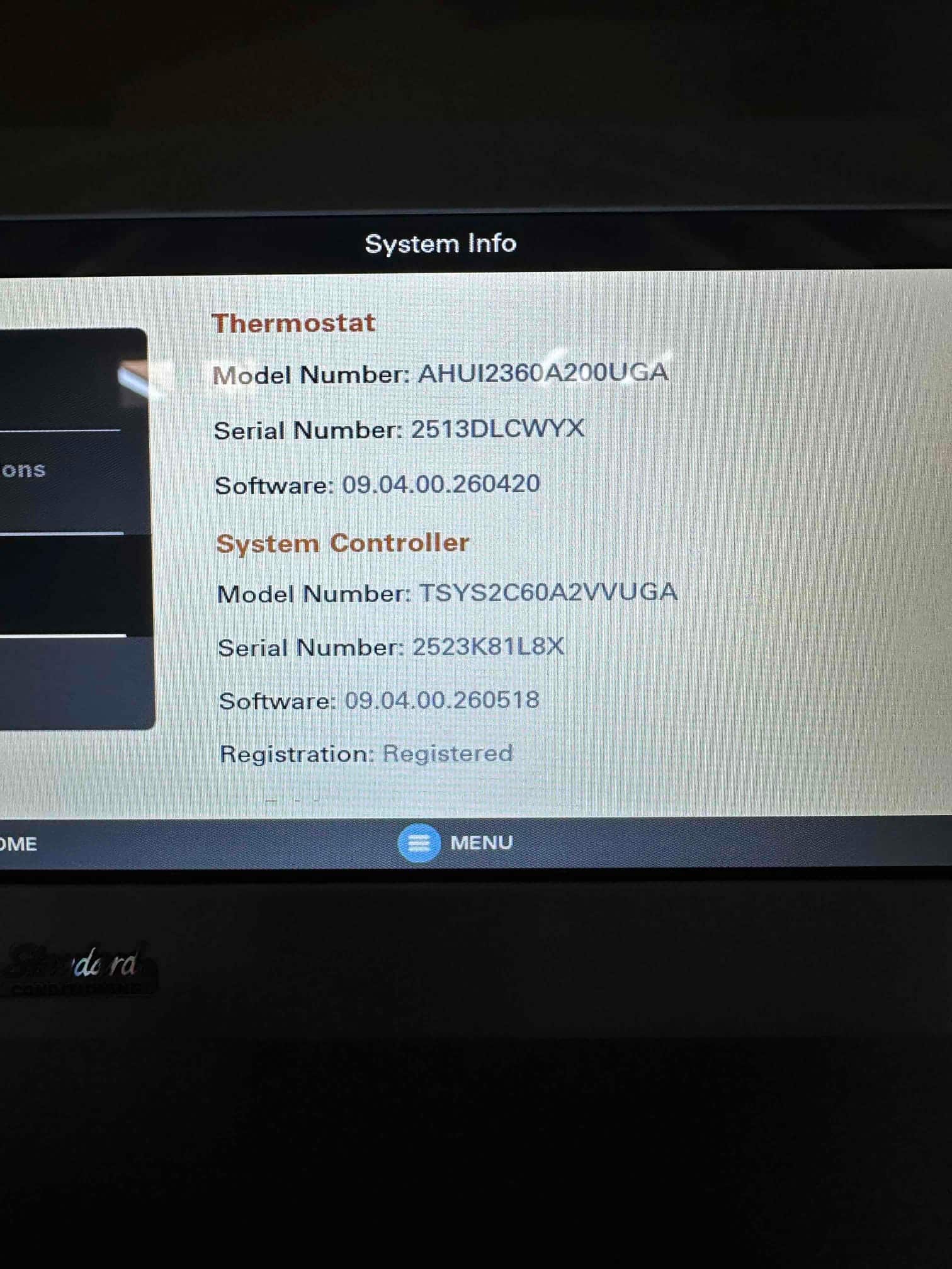 Thermostat system info screen displays thermostat and system controller details during setup on the newly installed HVAC system.