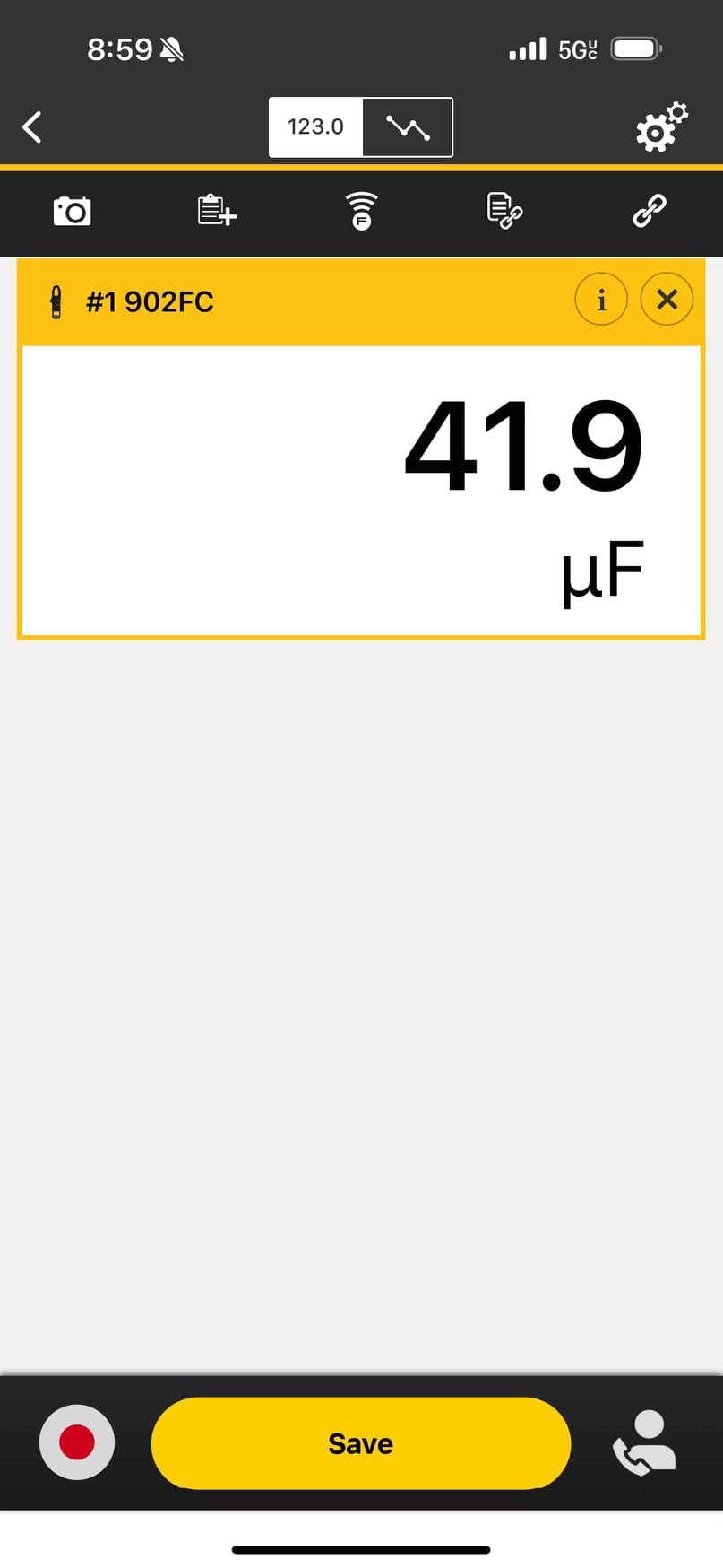 Digital capacitance meter display shows a live reading of 41.9 μF during component testing.