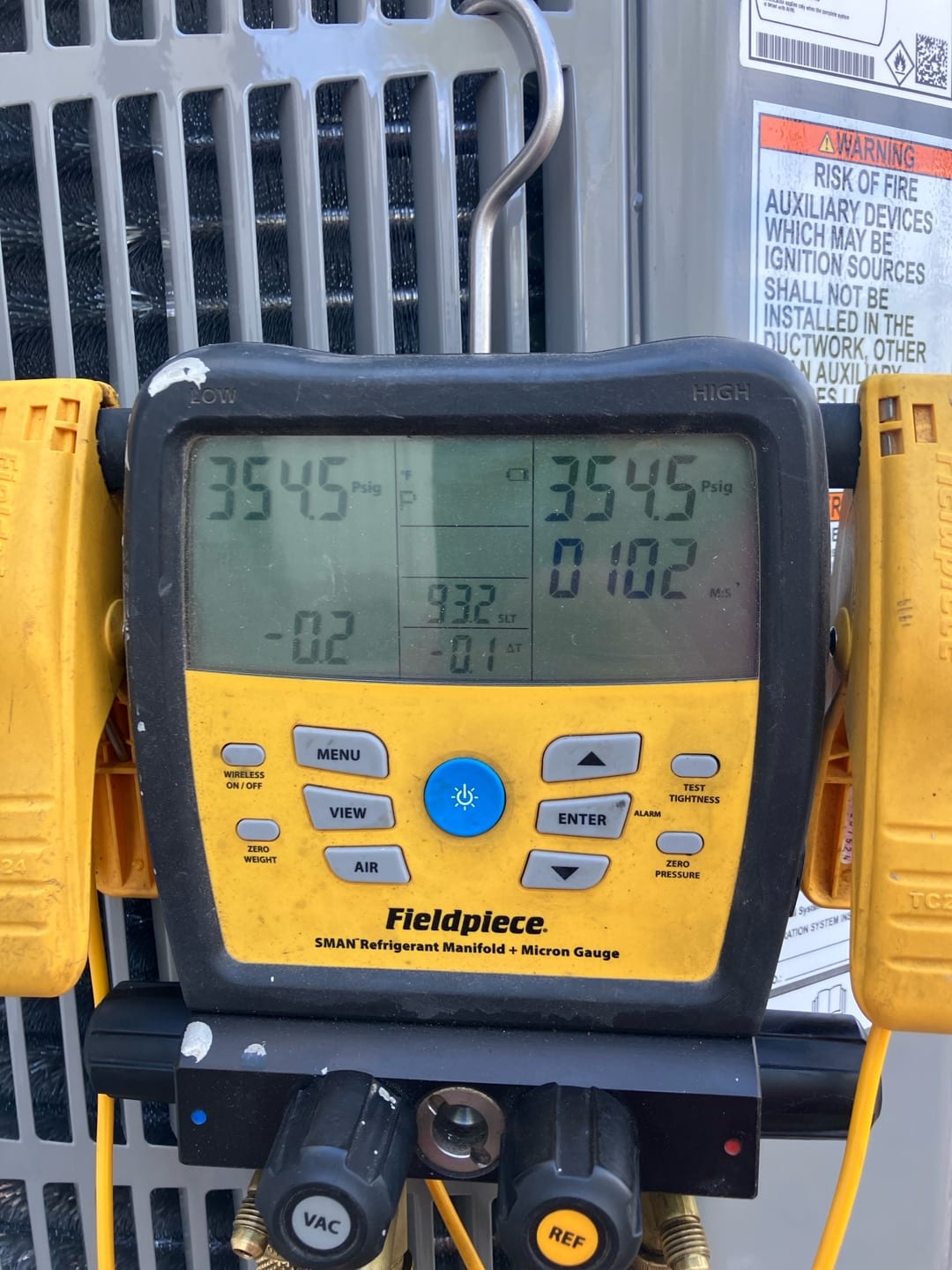 Digital manifold shows both low and high sides at 3545 PSI during a nitrogen pressure test of the new system.