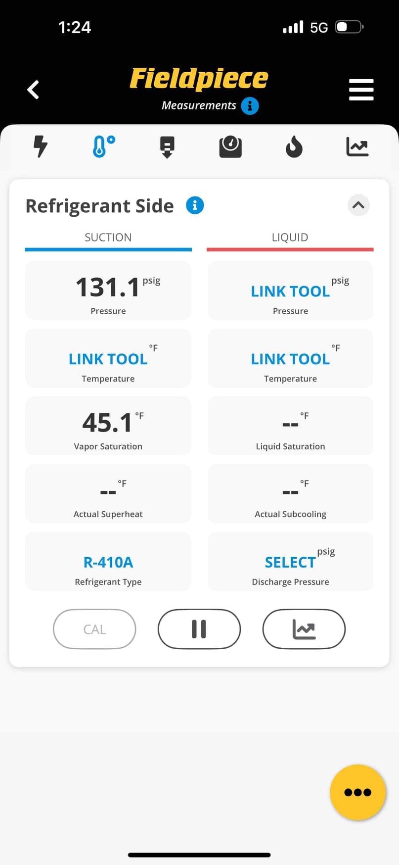 Digital manifold display shows suction pressure at 131.1 psi along with superheat and saturation values for R-410A.