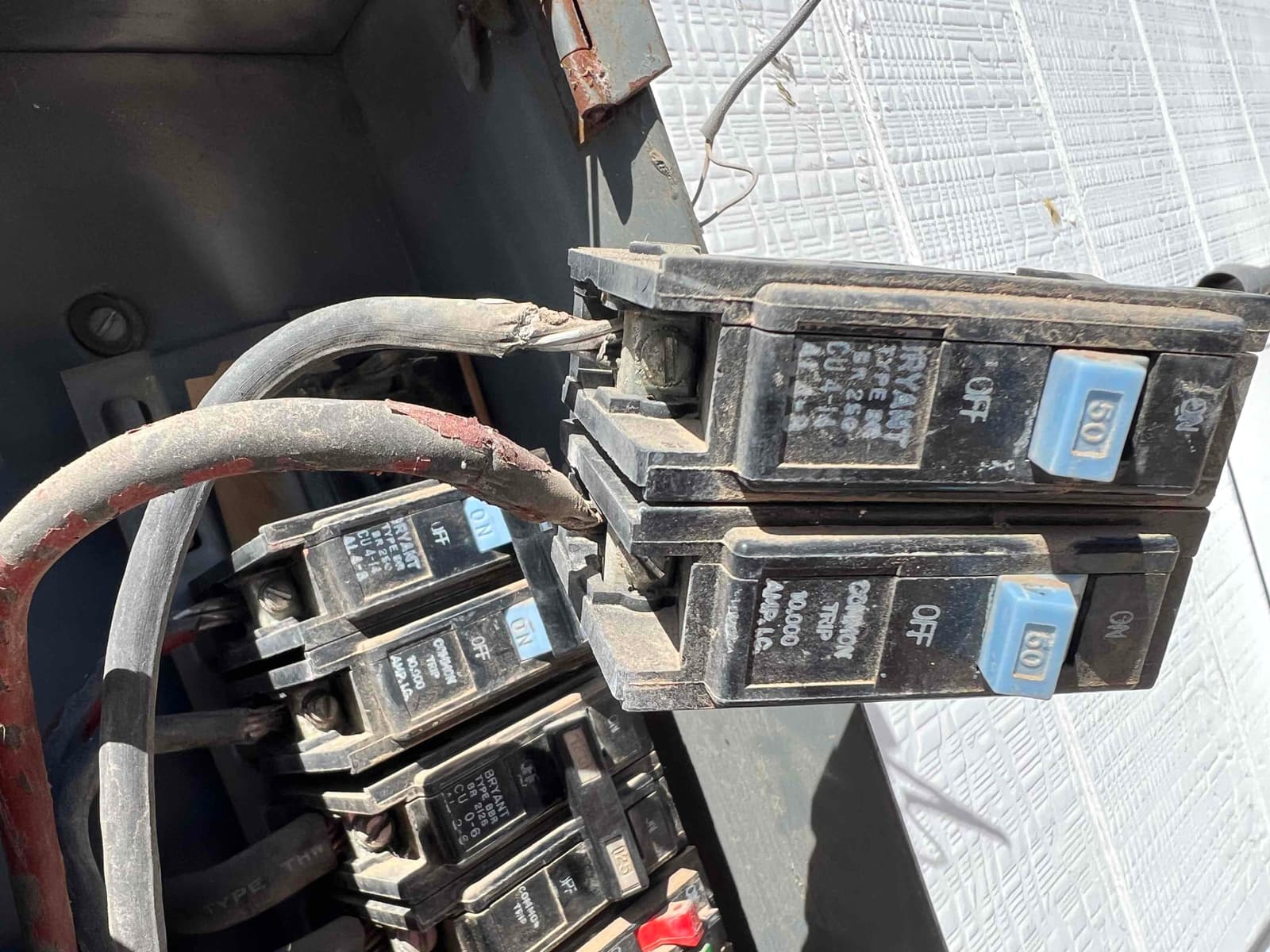 Electrical breakers and feeder conductors in an outdoor panel, with insulation wear visible on two large cables.
