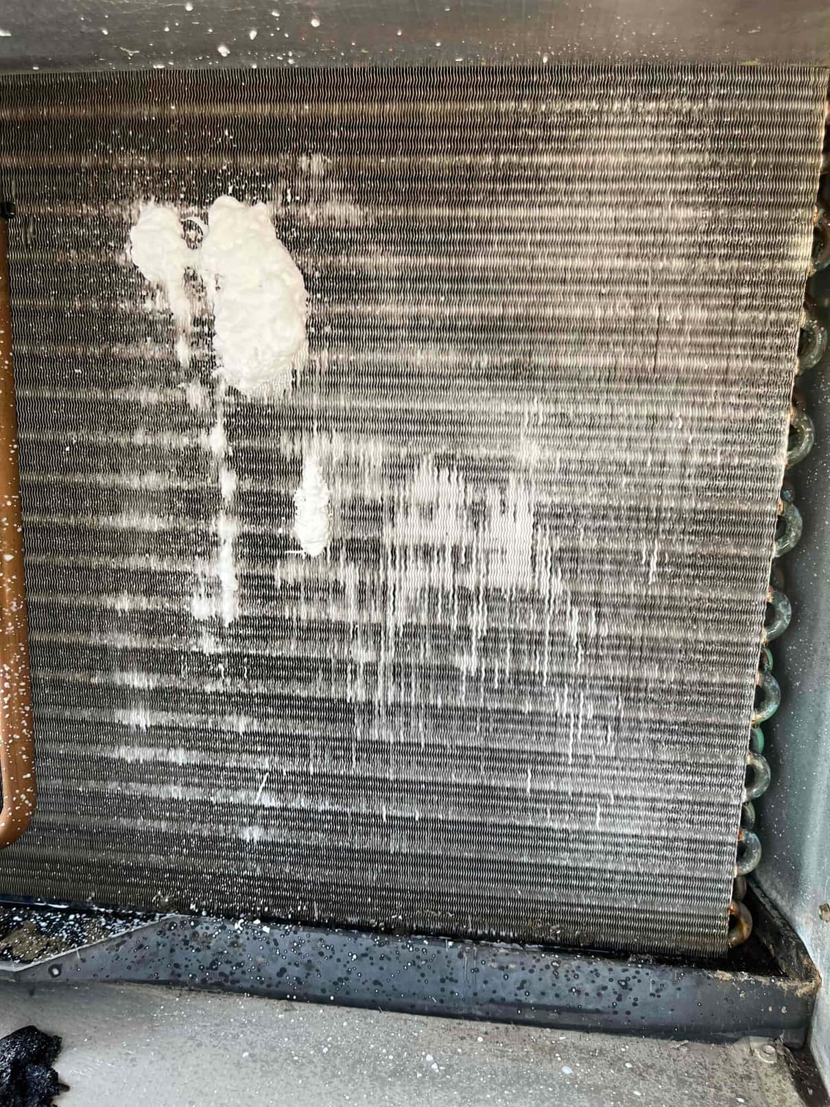 Evaporator coil is being super cleaned, with foaming cleaner applied and residue rinsing down into the drain pan.
