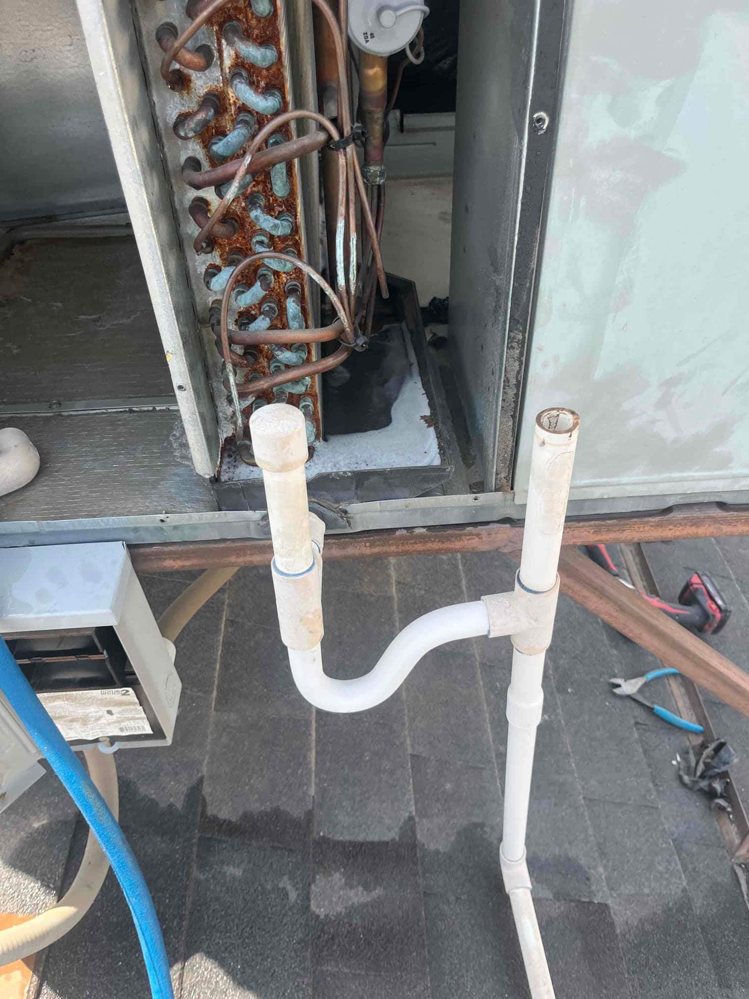 Open air handler access shows rusted evaporator coil tubing and a PVC condensate drain assembly with clean trap and vertical standpipes.