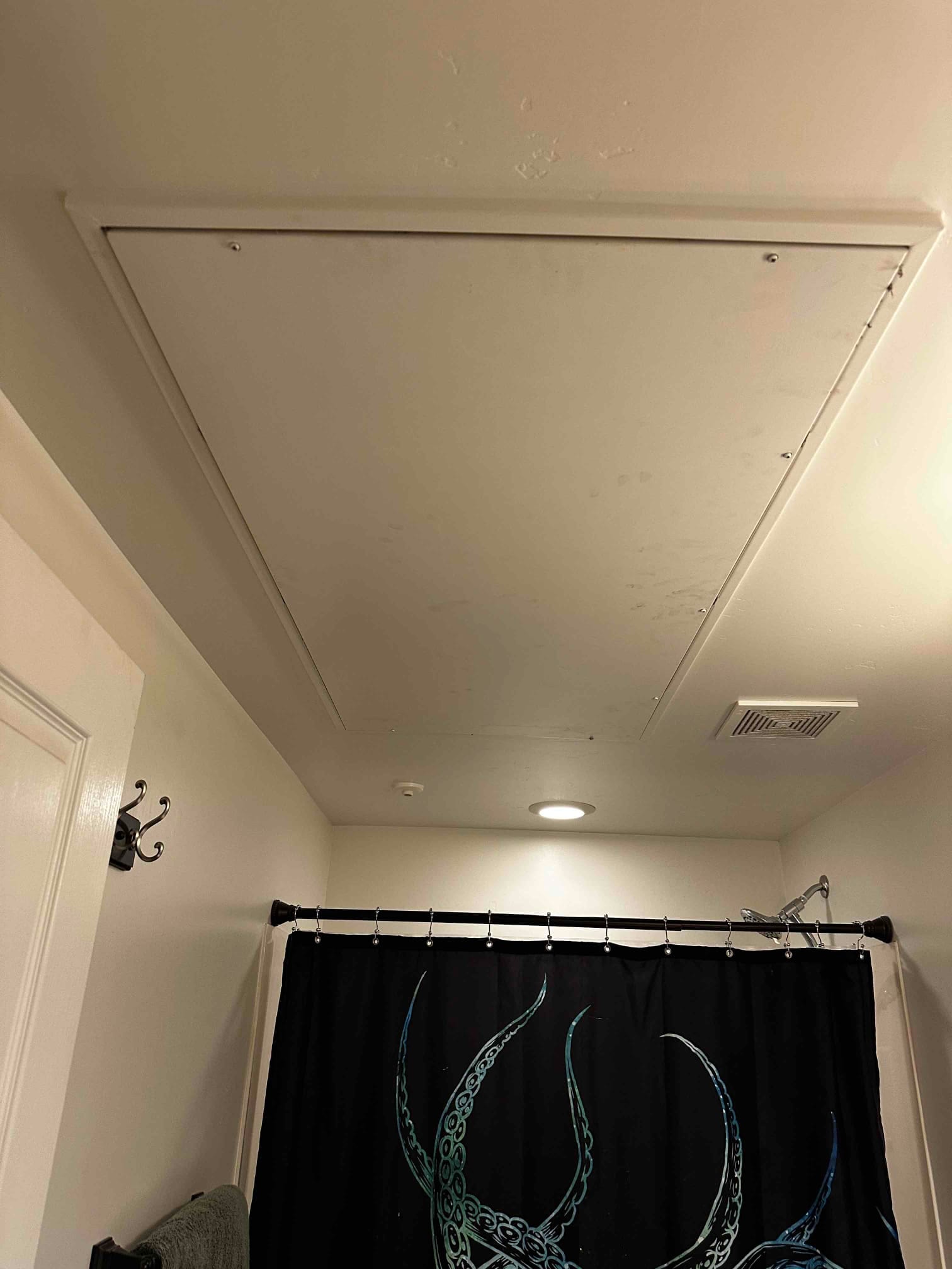 Bathroom ceiling shows attic access panel, recessed light, and exhaust vent near shower area at the installation site.