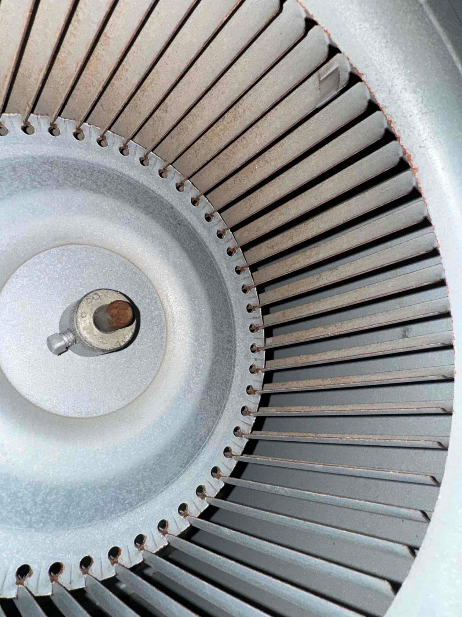 Close-up of an HVAC blower wheel showing clean fins and central hub inside the air handler assembly.