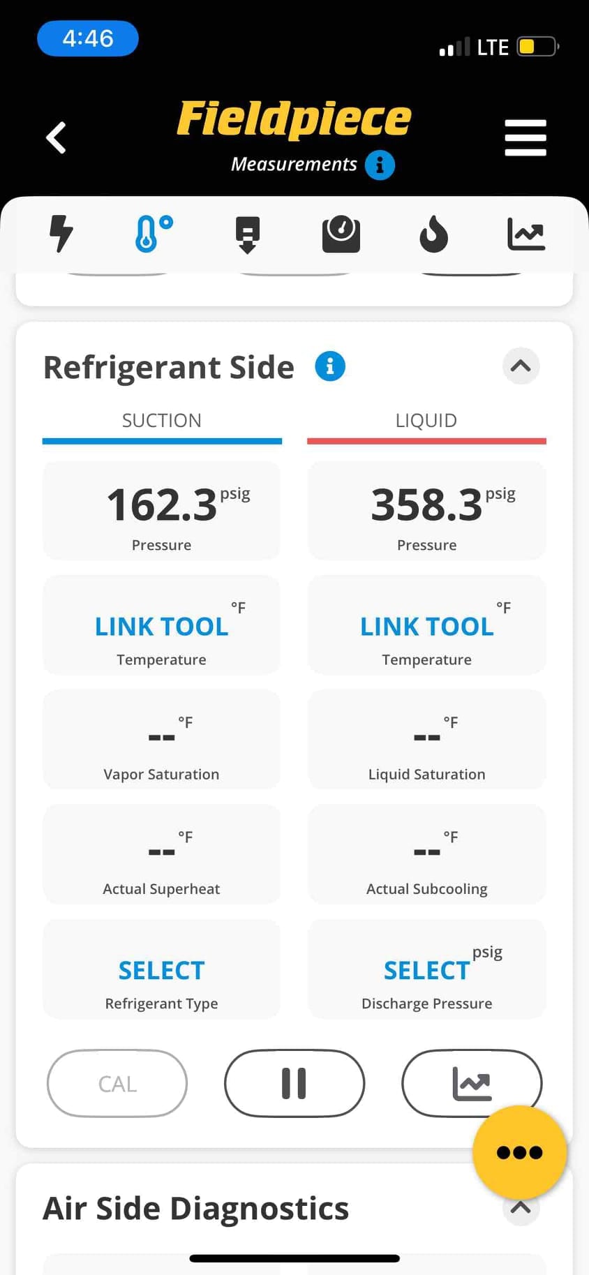 Digital refrigerant gauge app display shows 162.3 psig suction pressure and 358.3 psig liquid pressure during system operation.
