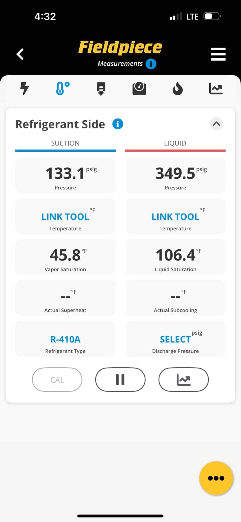Digital refrigerant gauge app displays suction pressure at 133.1 psig and liquid pressure at 349.5 psig during system operation.