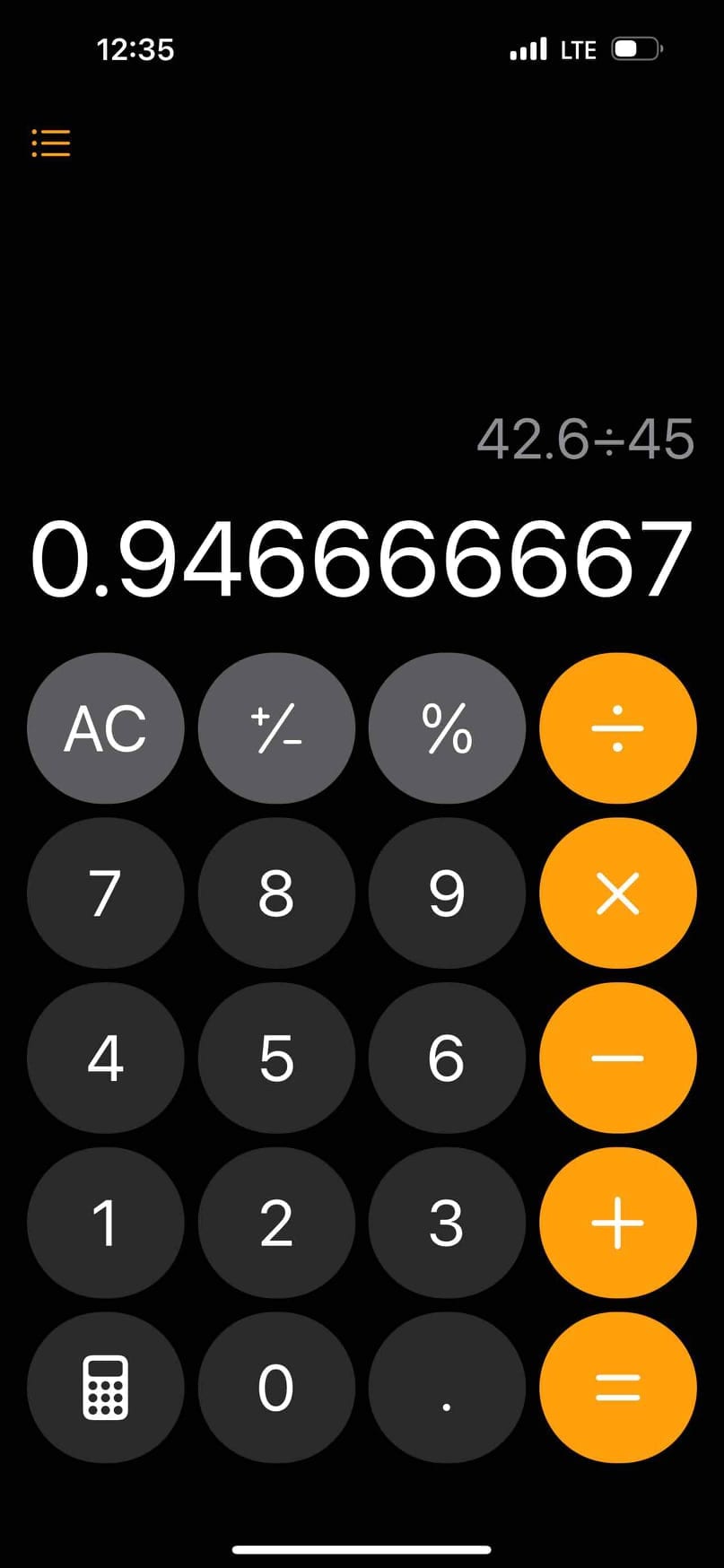 Smartphone calculator displays 0.946666667 after entering the division 42.6 ÷ 45 during diagnostic calculations.