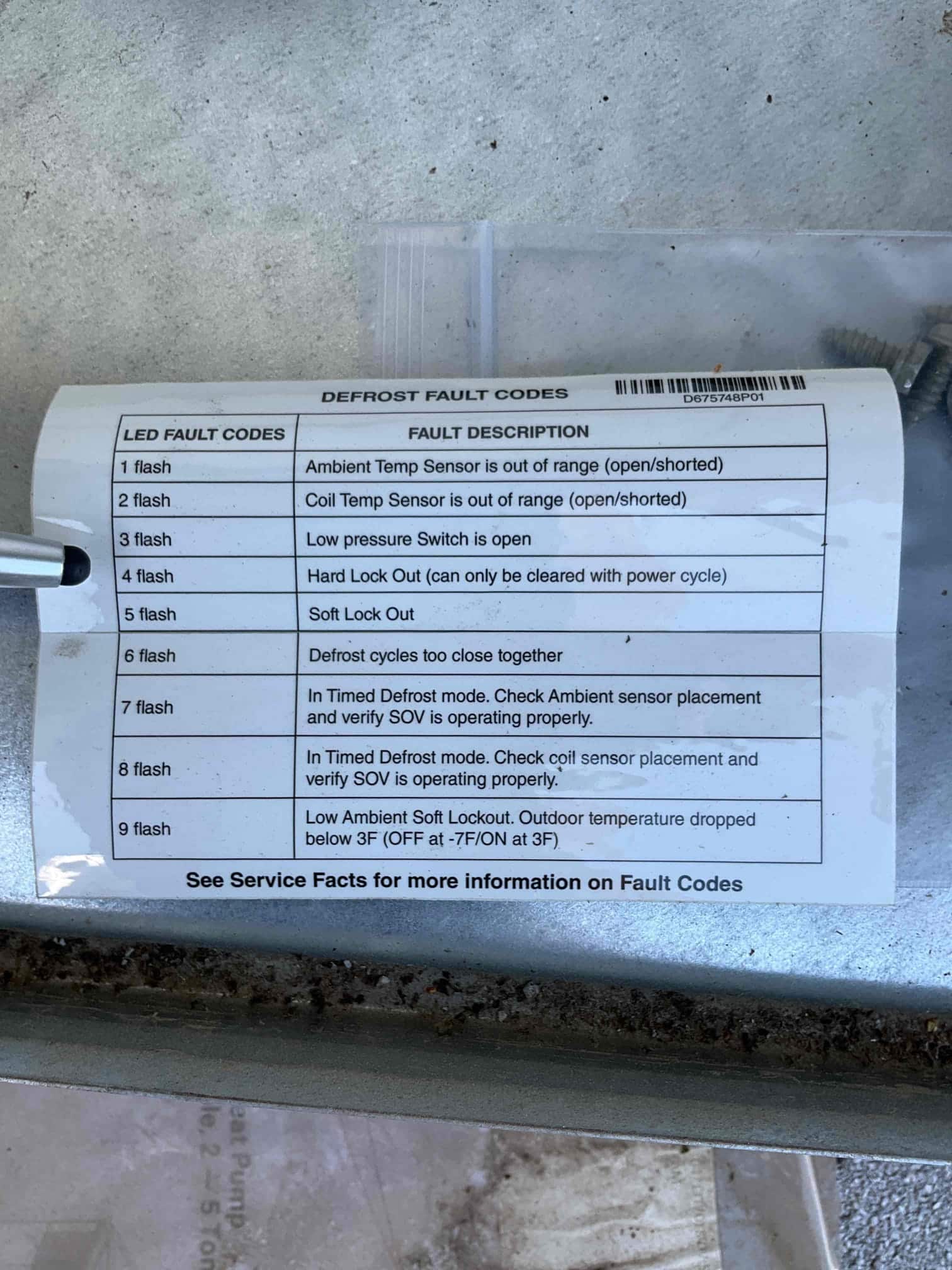 Defrost fault codes reference label inside unit with LED flash descriptions and service note.
