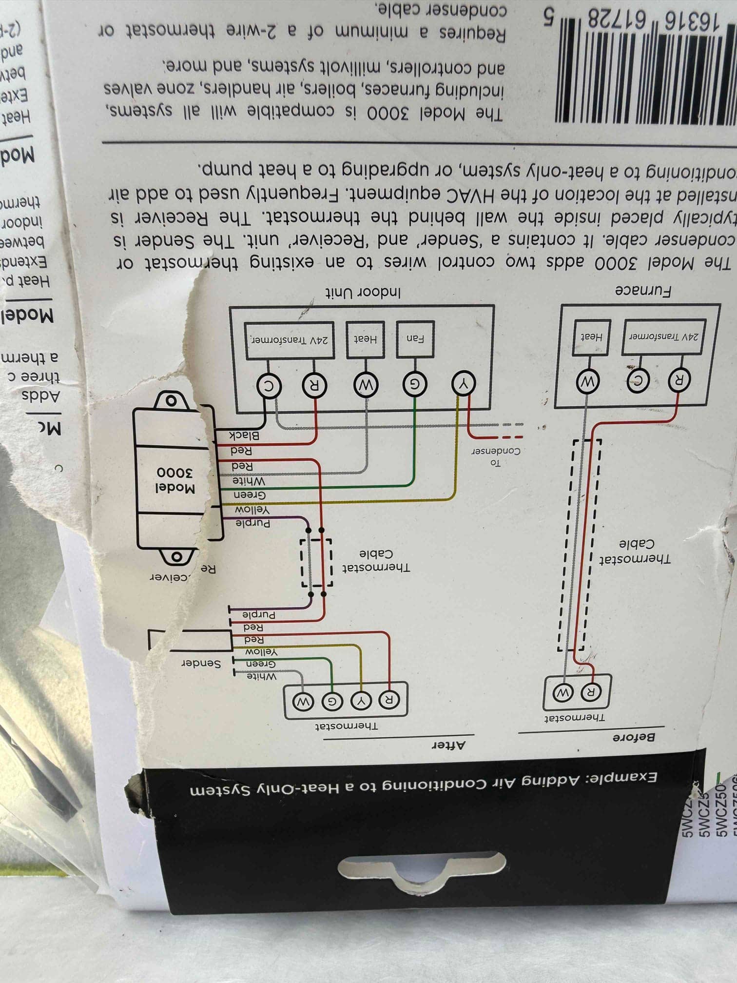 Wiring diagram packaging shows thermostat, furnace, and condenser connections for adding air conditioning to a heat-only system.