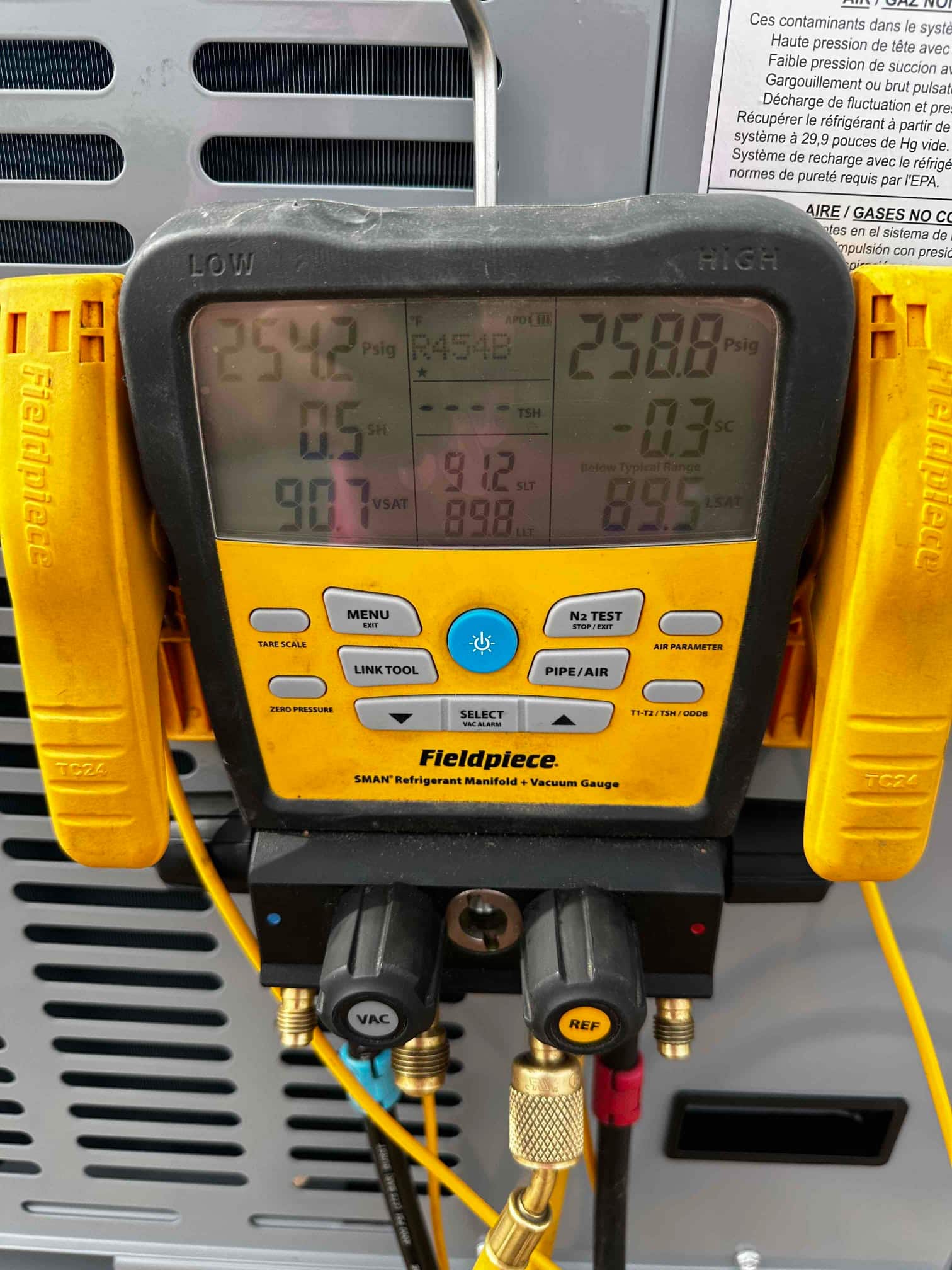 Digital manifold shows both high and low sides holding equal pressure during a nitrogen pressure test on the newly installed system.