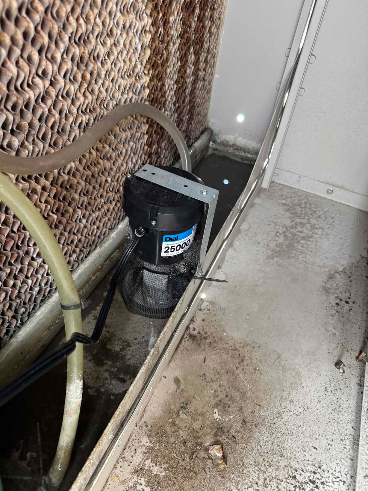 Evaporative cooler sump area showing a newly installed pump with attached tubing and wet media pads nearby.
