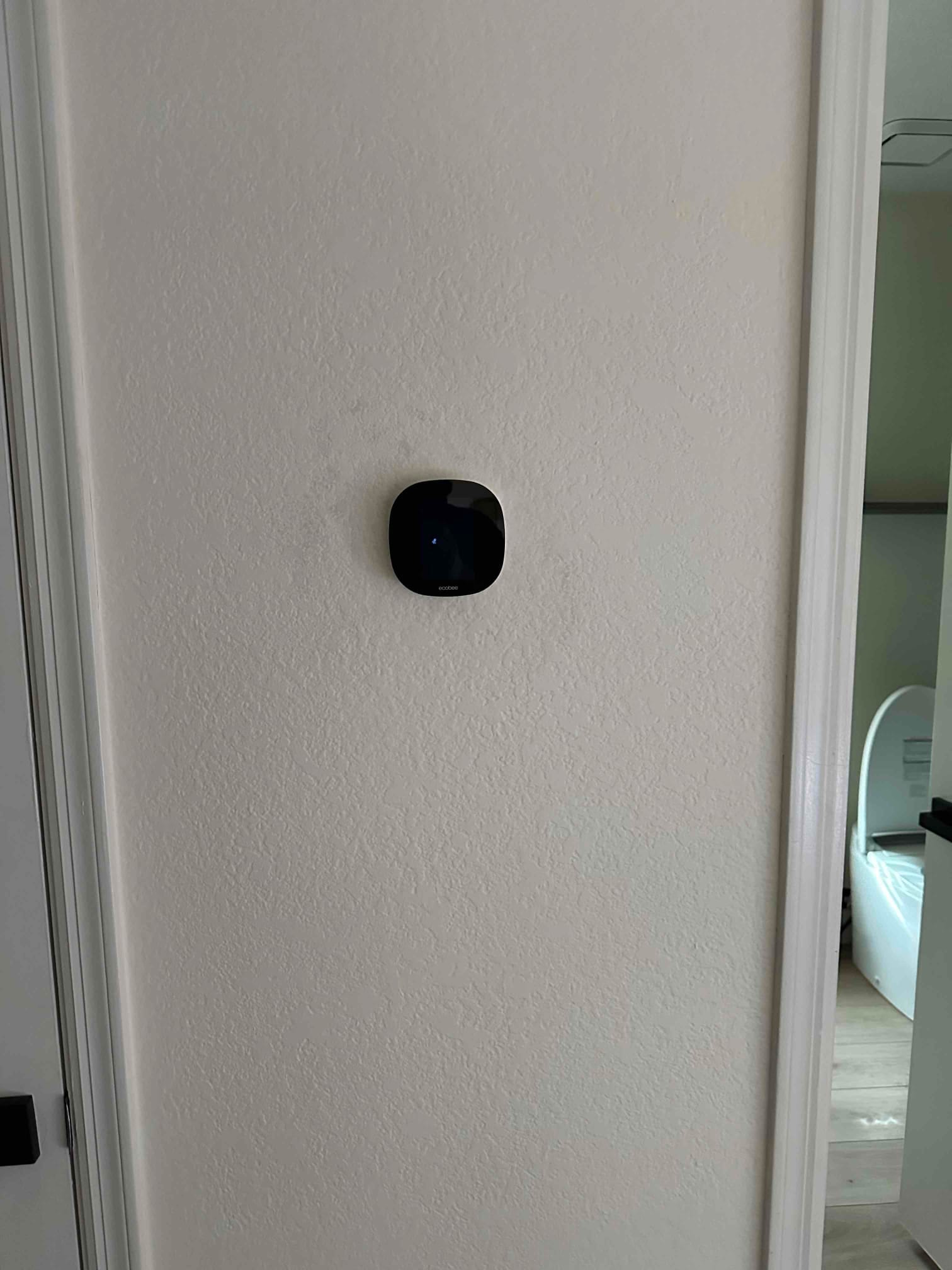 Wall-mounted thermostat installed in a hallway, centered on the finished wall with surrounding trim and doorway visible.