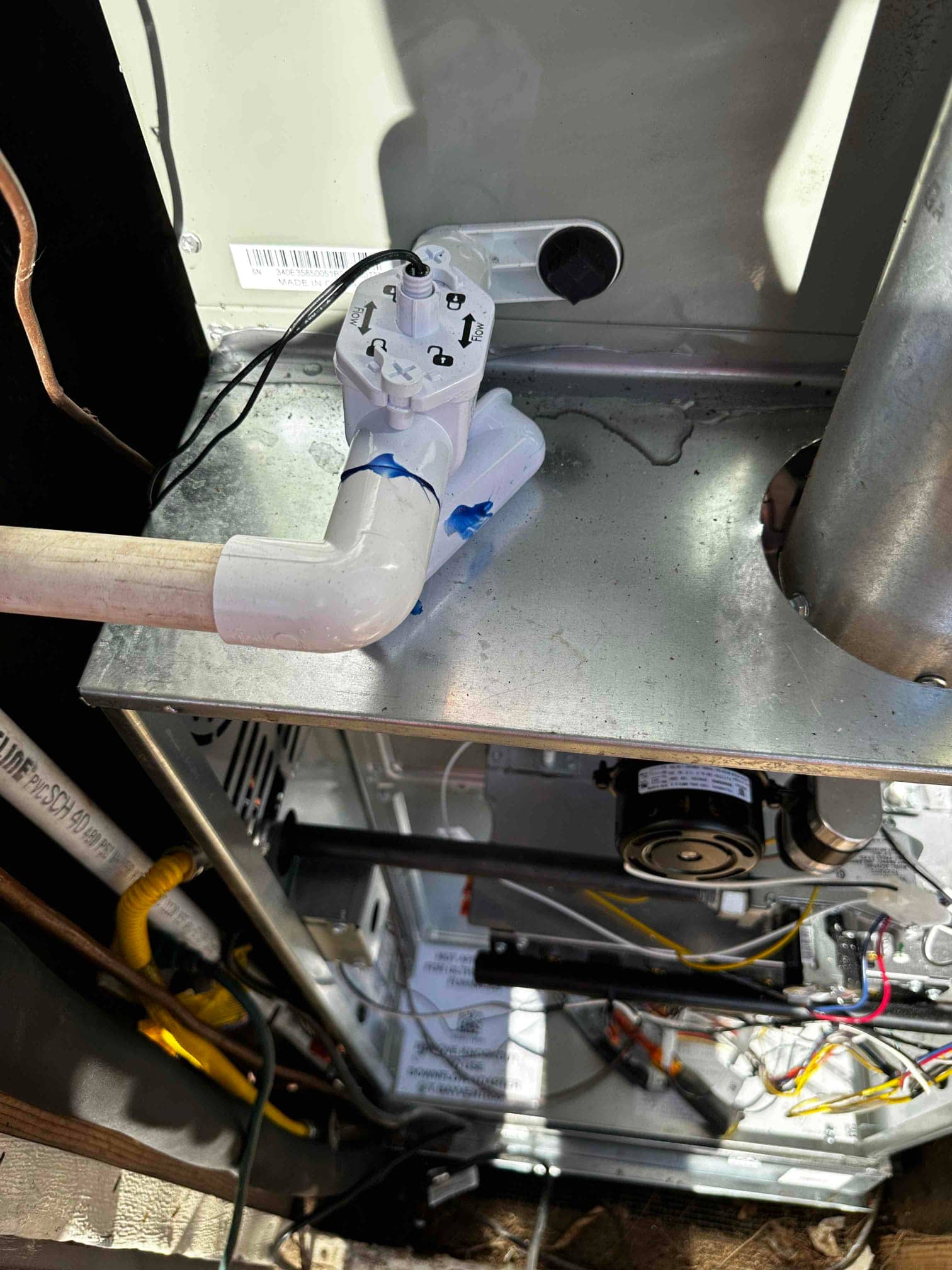 Condensate drain assembly with cleanout and float switch wired to the furnace cabinet, showing internal blower compartment and wiring below.