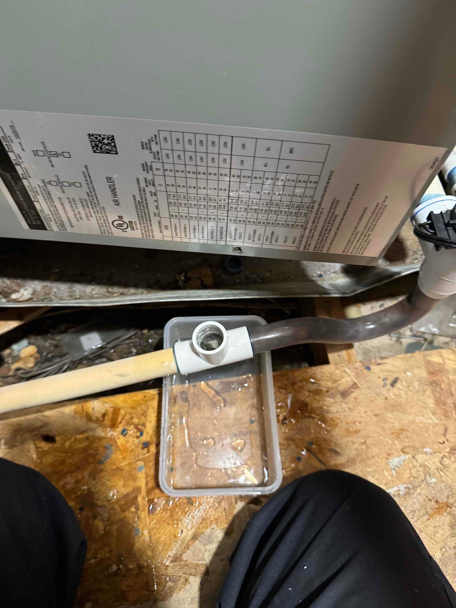 Condensate drain cleanout with cap removed at the air handler, showing water in the drain pan during cleaning.