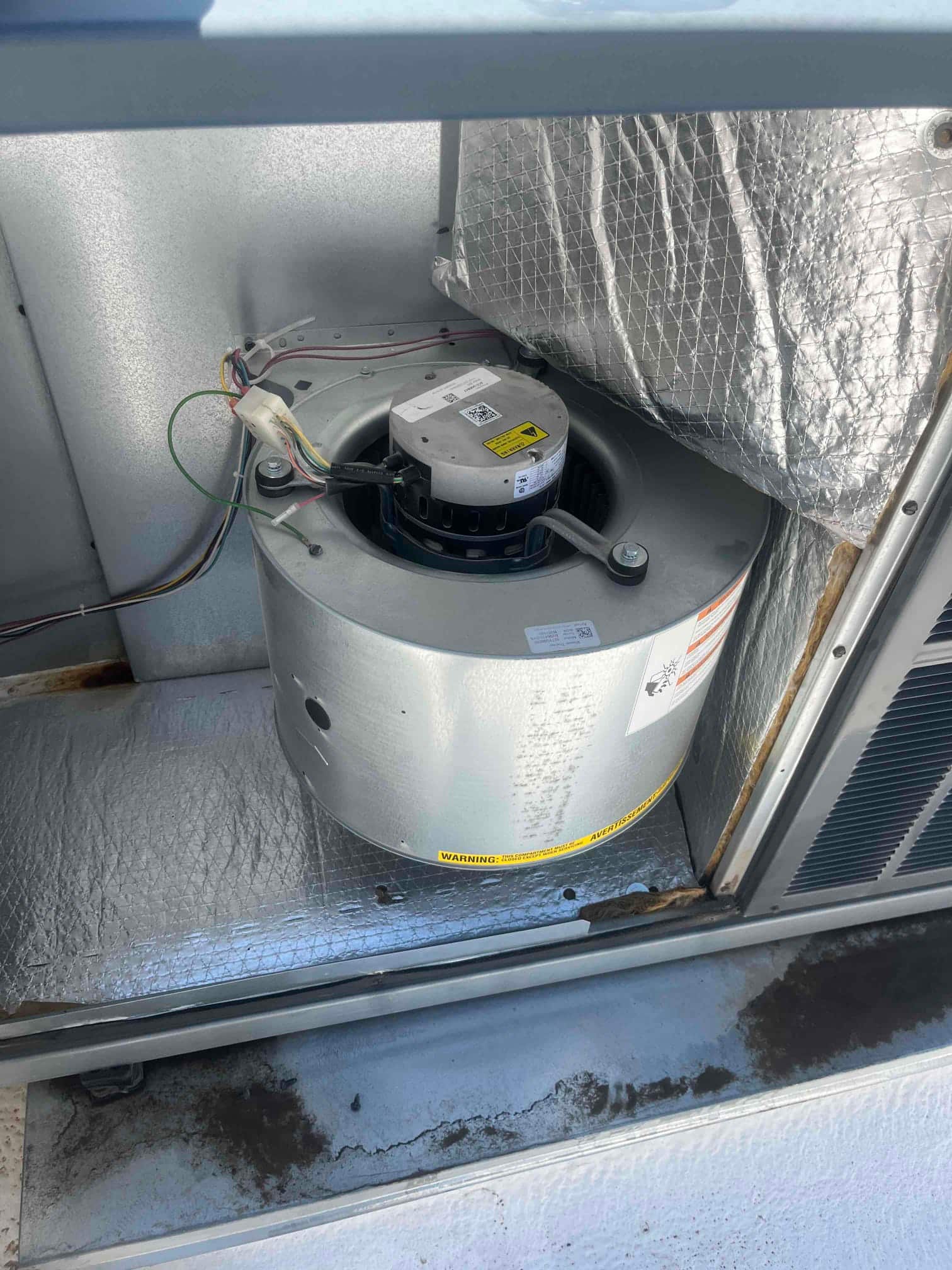 Indoor blower assembly with newly installed blower motor and wiring inside the air handler cabinet, showing clean housing and reflective insulation.