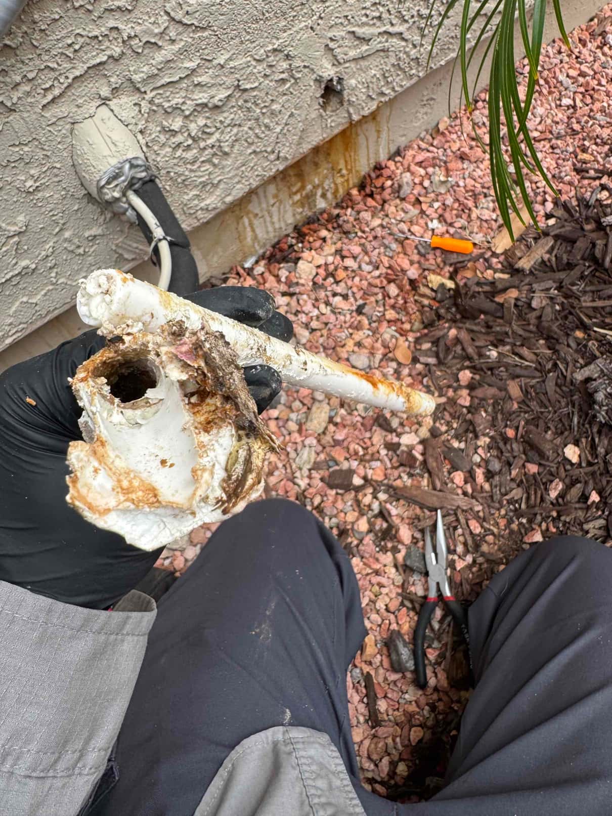 Removed condensate drain piping shows heavy corrosion, organic buildup, and a large blockage hole near the elbow fitting.