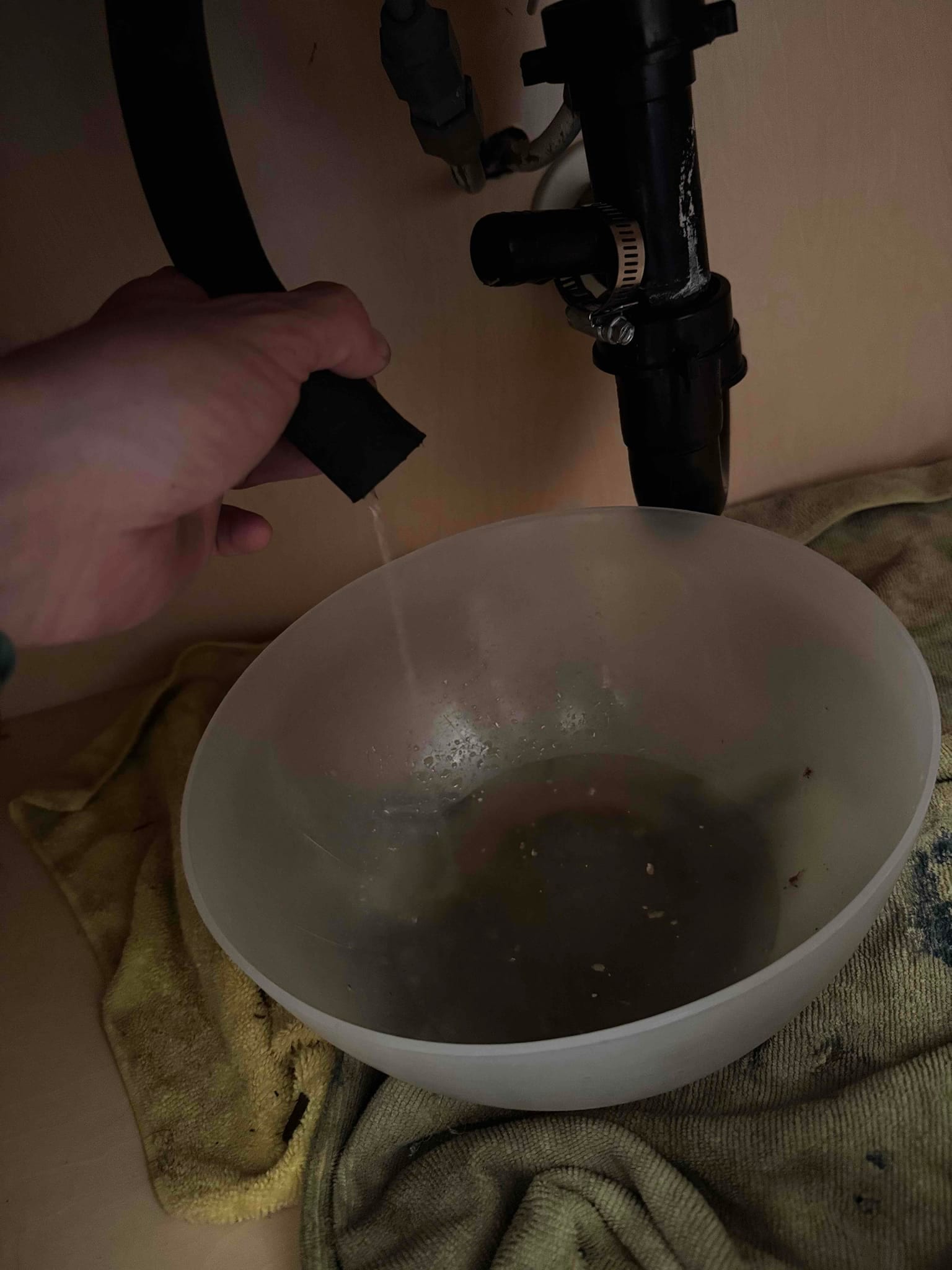 Technician drains condensate line into a bowl under a sink, showing water flow during cleaning.