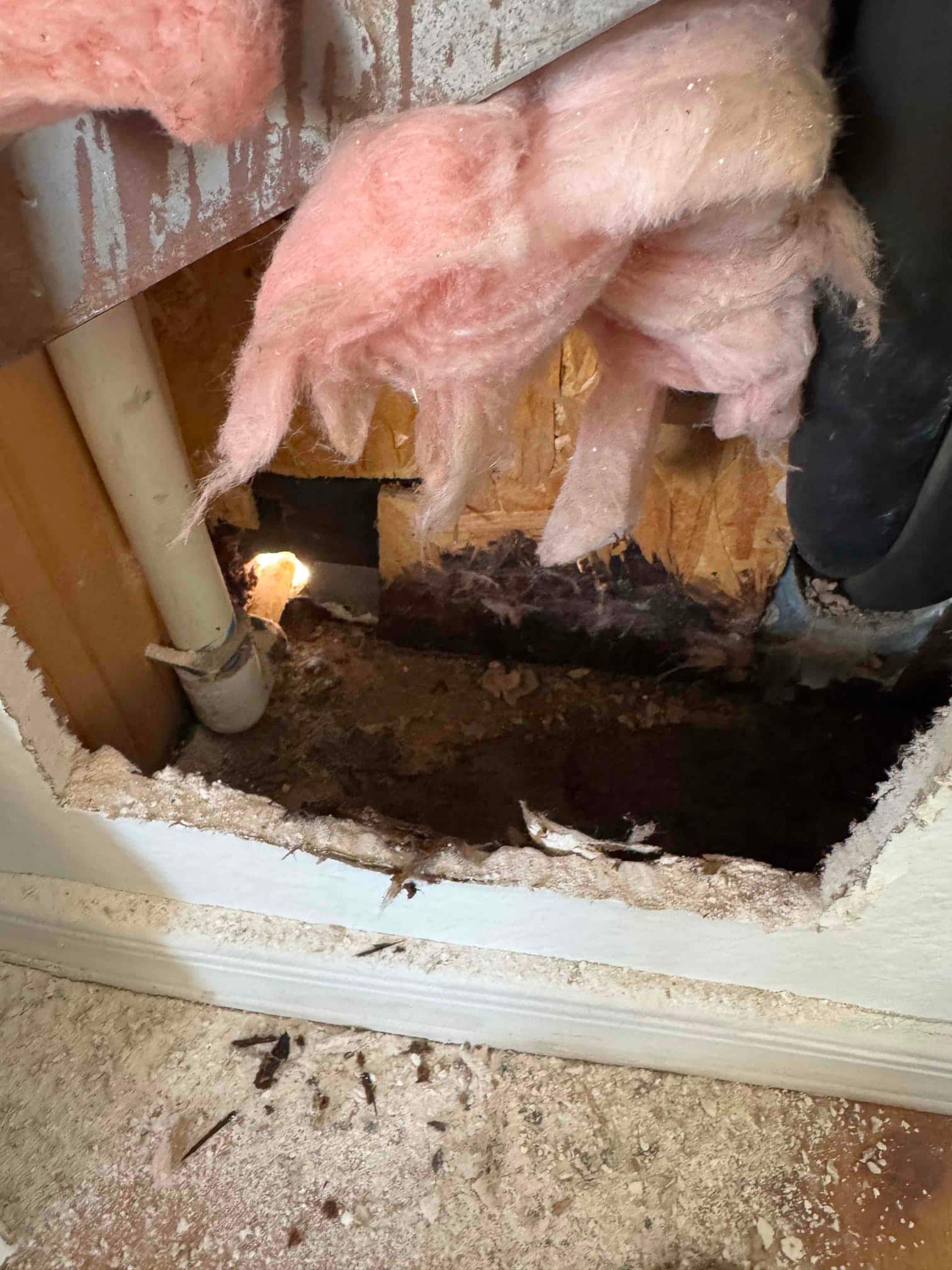 Wall opening exposes condensate drain line and surrounding insulation, showing wet debris and water damage near the baseboard.