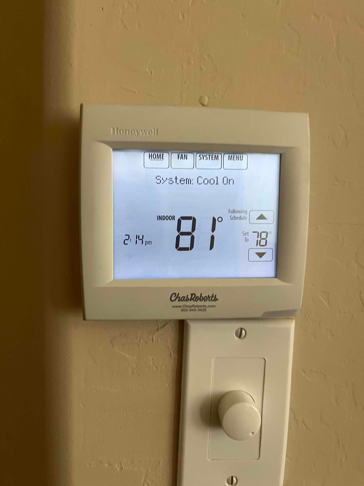 Digital thermostat display shows system in cool mode with indoor temperature at 81°F and setpoint at 78°F.
