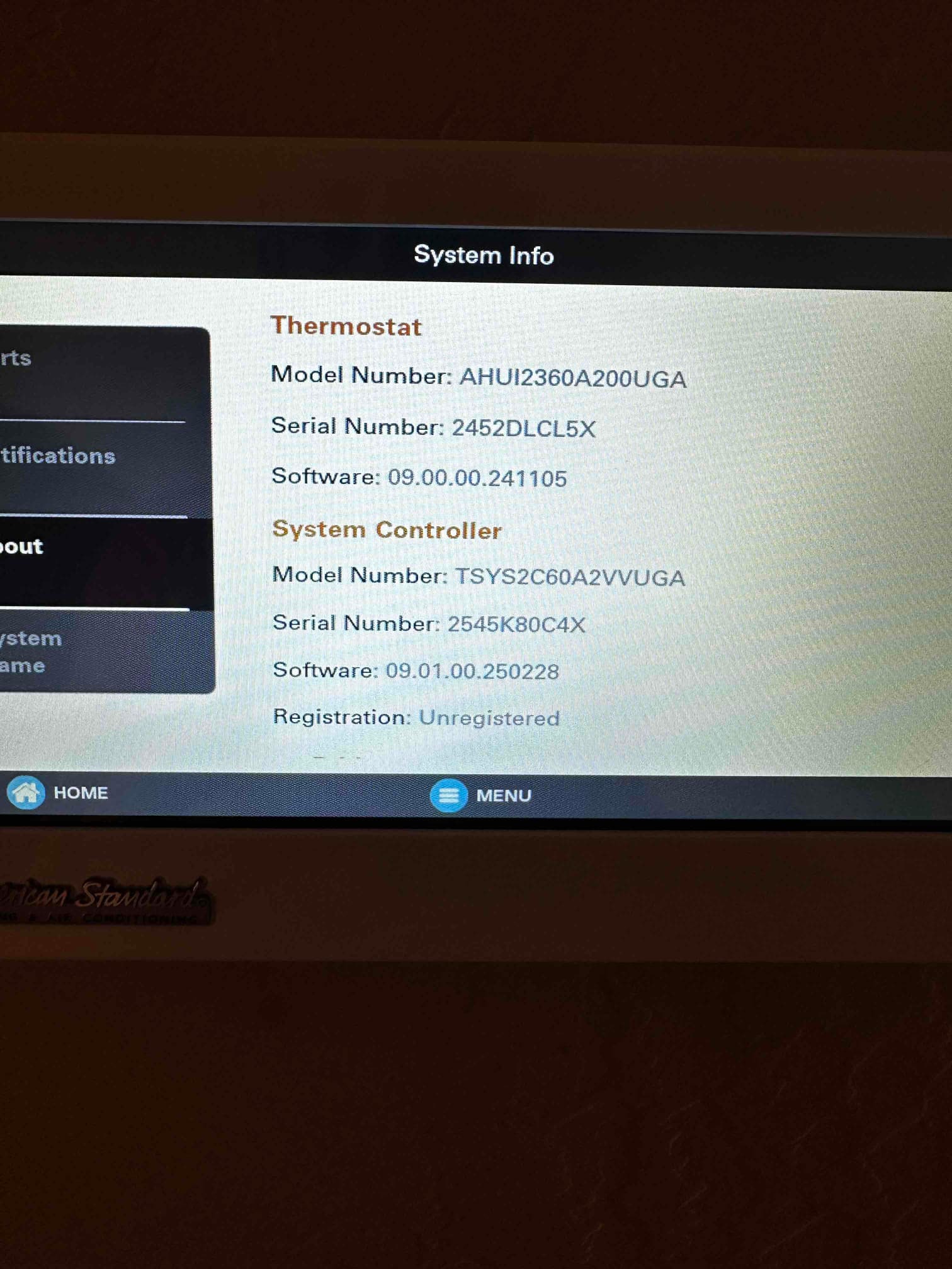 Thermostat system information screen displays thermostat and system controller details after installation and setup.