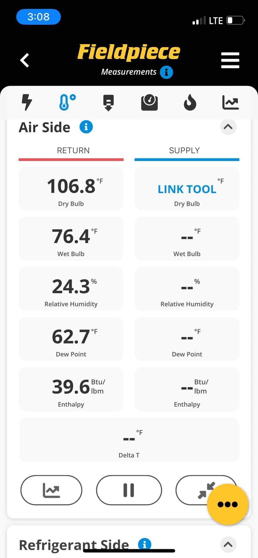 Fieldpiece app displays return air dry-bulb at 106.8 °F with additional psychrometric values for airside measurements.