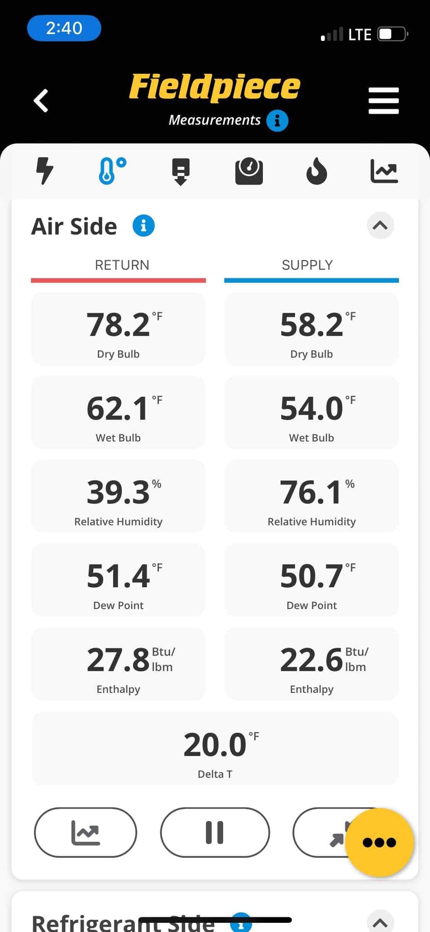 Fieldpiece app screen shows air-side measurements with Delta T reading 20.0 °F between return and supply.