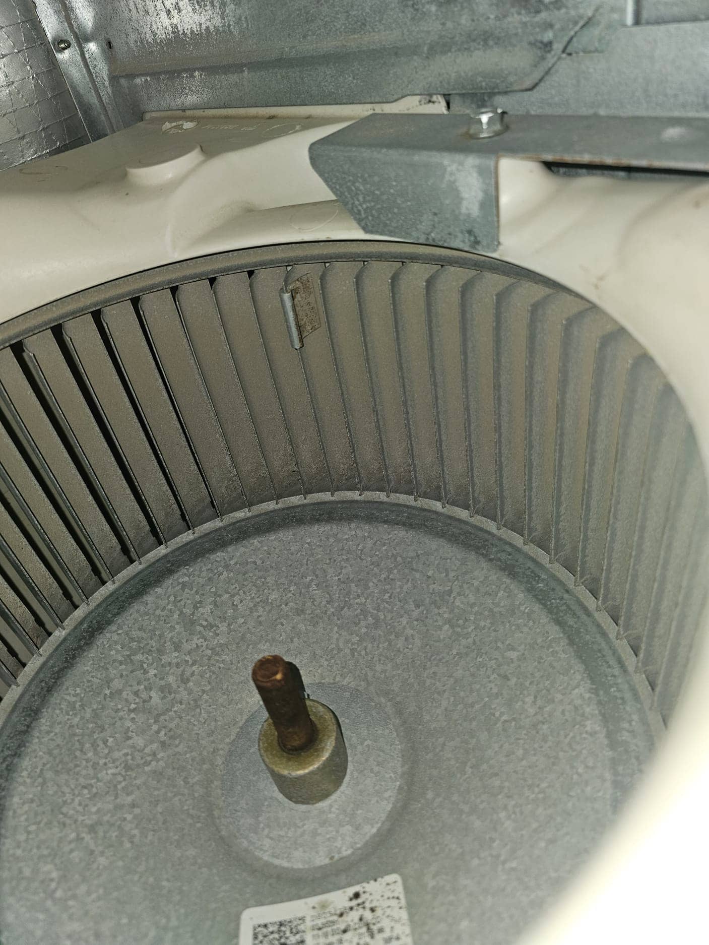 Blower wheel inside air handler, showing fins, central shaft with surface rust, and surrounding housing.