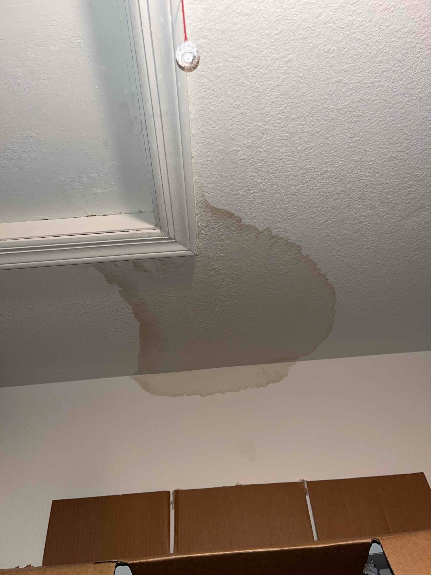 Ceiling shows a large water stain below an attic access, indicating condensate leakage from HVAC equipment above.