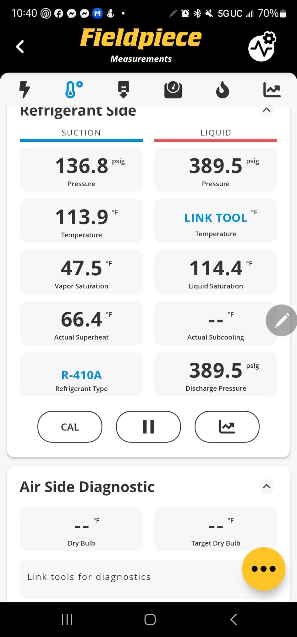 Digital refrigerant analysis screen shows discharge pressure at 389.5 psi alongside suction, temperatures, and R-410A selection.