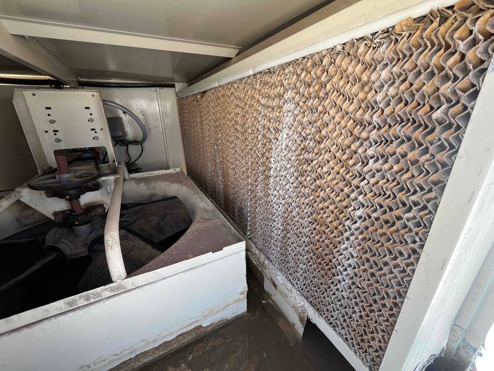 Evaporative cooler media pad installed in cabinet, showing uniform honeycomb structure with accumulated mineral deposits on the surface.
