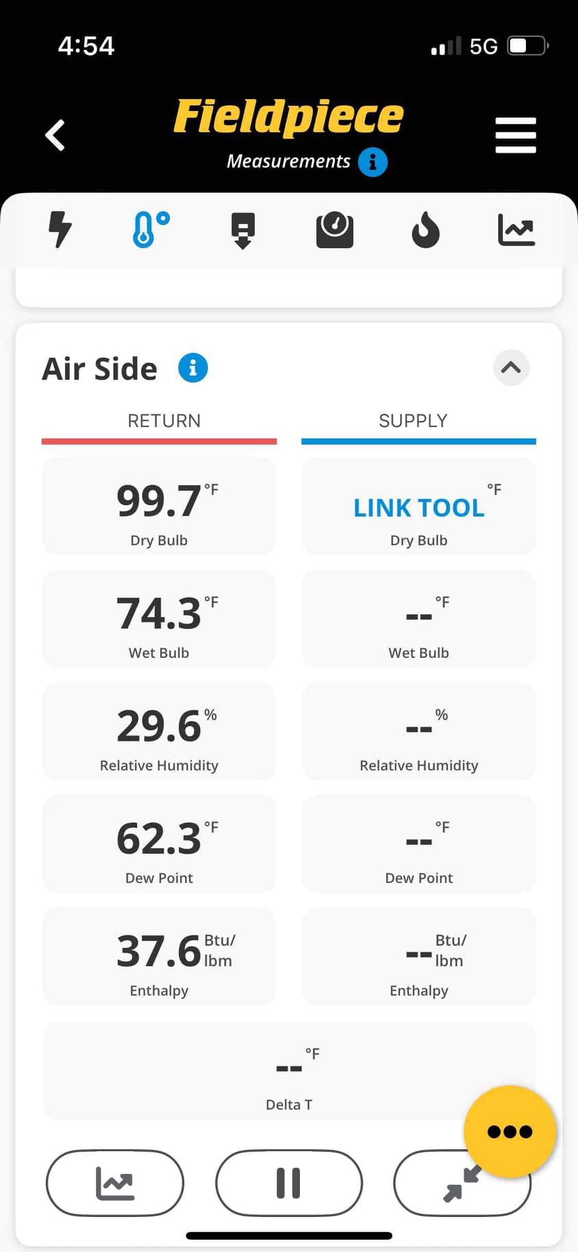 HVAC diagnostic app shows return air dry-bulb at 99.7°F, with wet-bulb 74.3°F and relative humidity 29.6%.