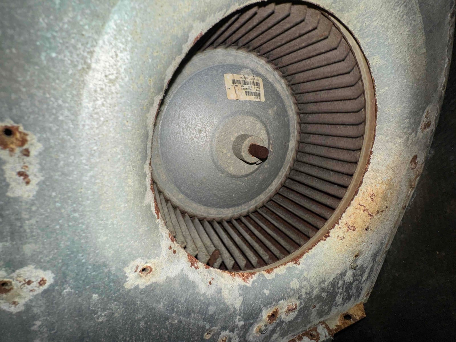 Indoor blower wheel and motor housing with visible rust and corrosion around the mounting opening and cabinet surface.