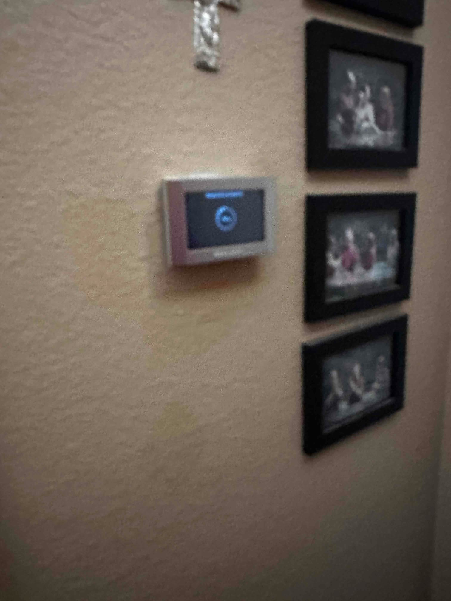 Wall-mounted digital thermostat installed and powered on inside the home, with surrounding decor visible on the wall.